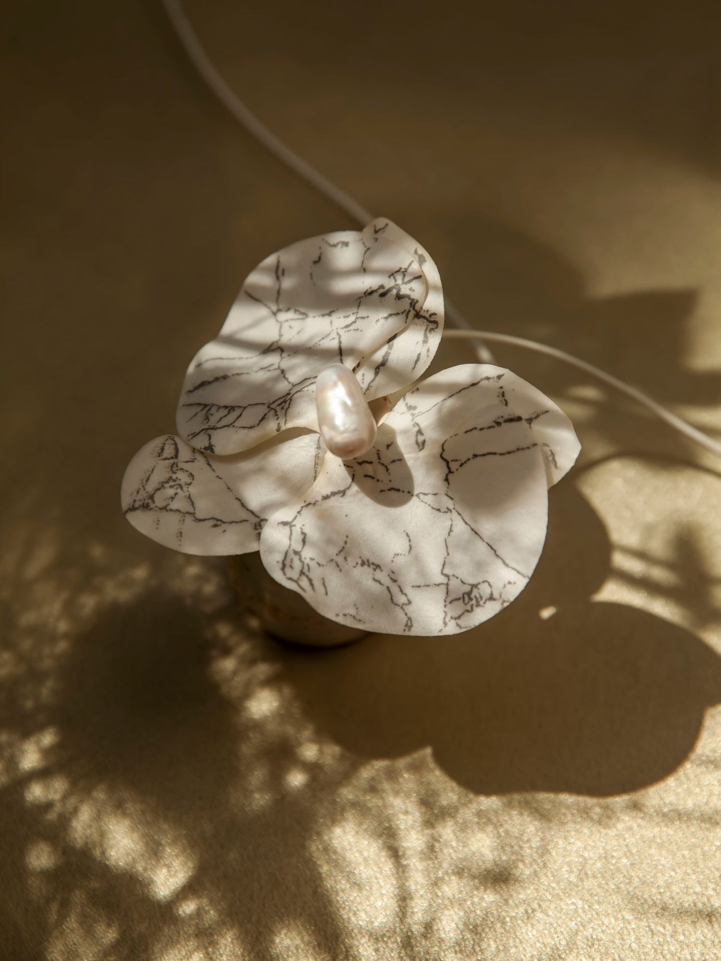 Marble painted Orchid Choker with freshwater pearl & white leather string (Medium)