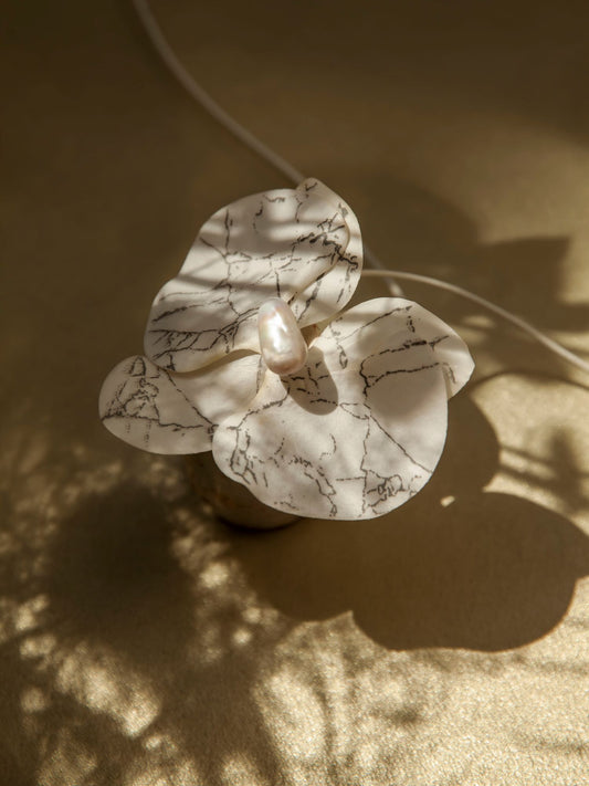 Marble painted Orchid Choker with freshwater pearl & white leather string (Medium)